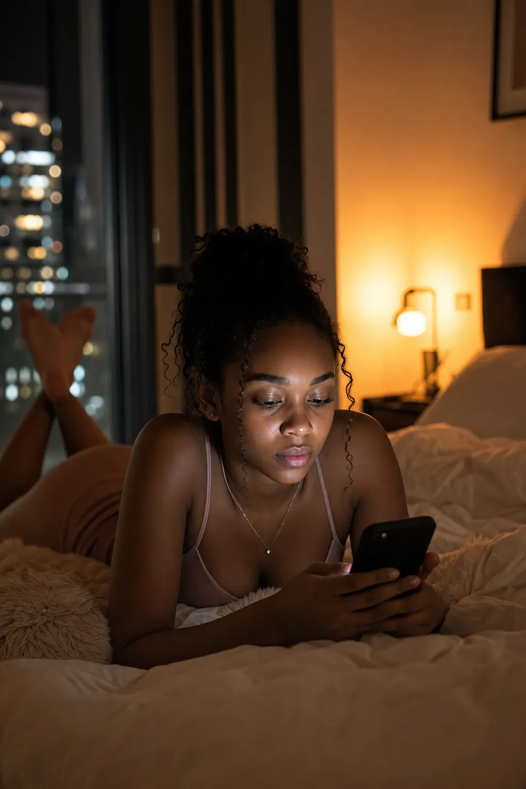 A young woman in bed at night types a message on her phone