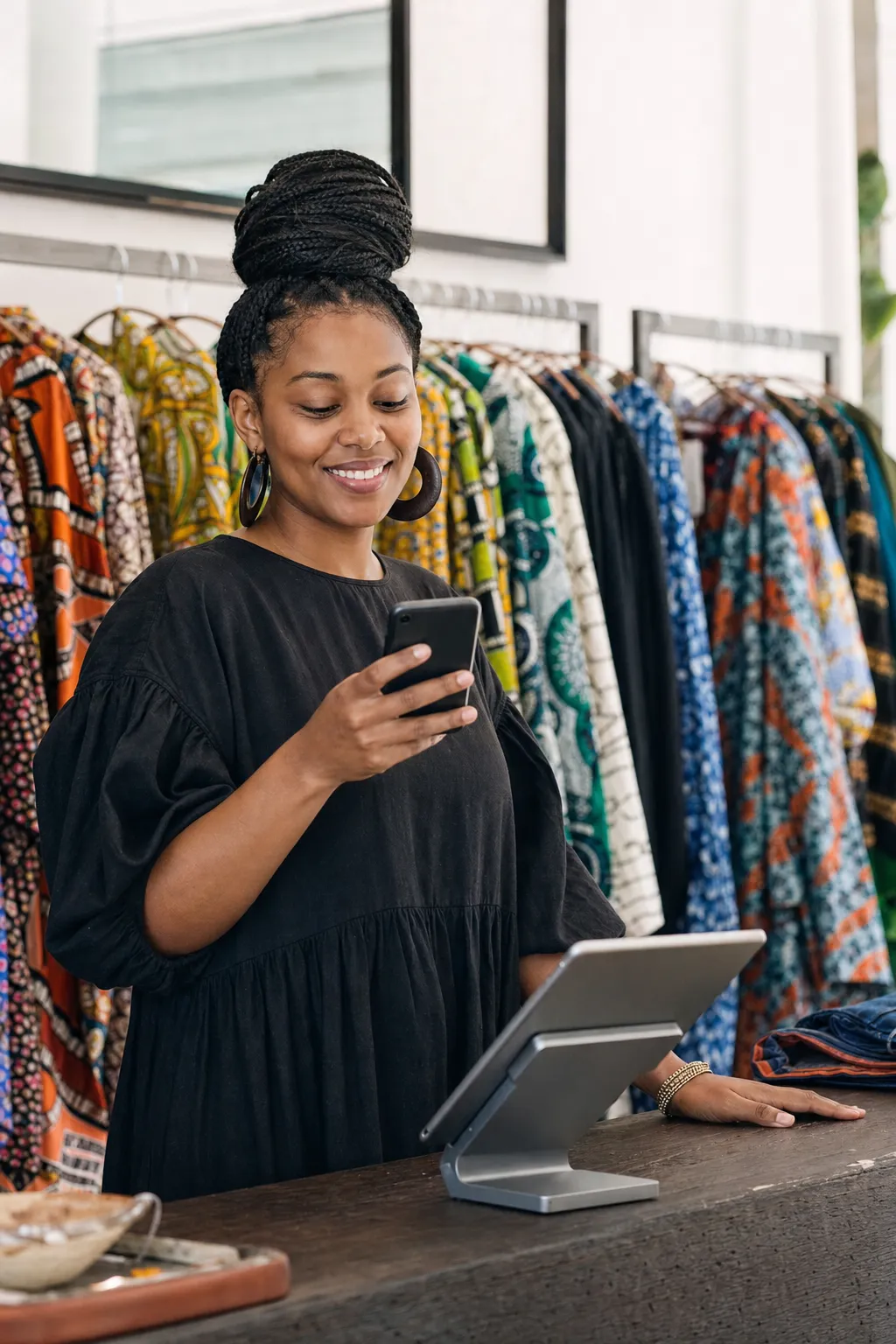 A boutique owner smiles at a new order on her phone
