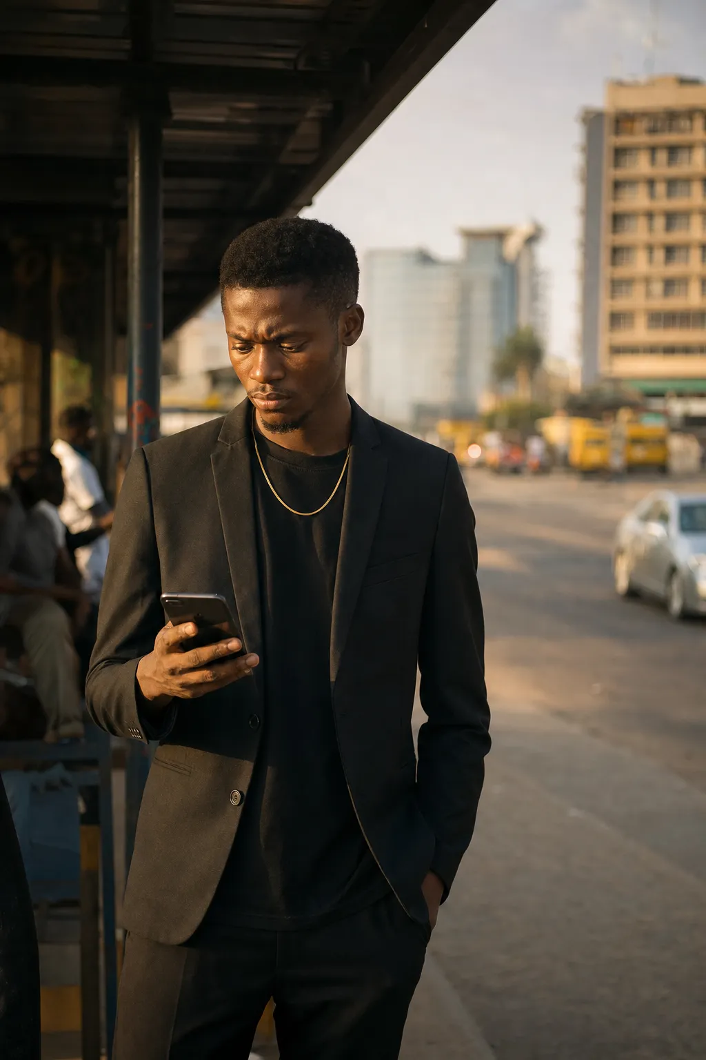 A young man at a bus stop waits for a reply on his phone