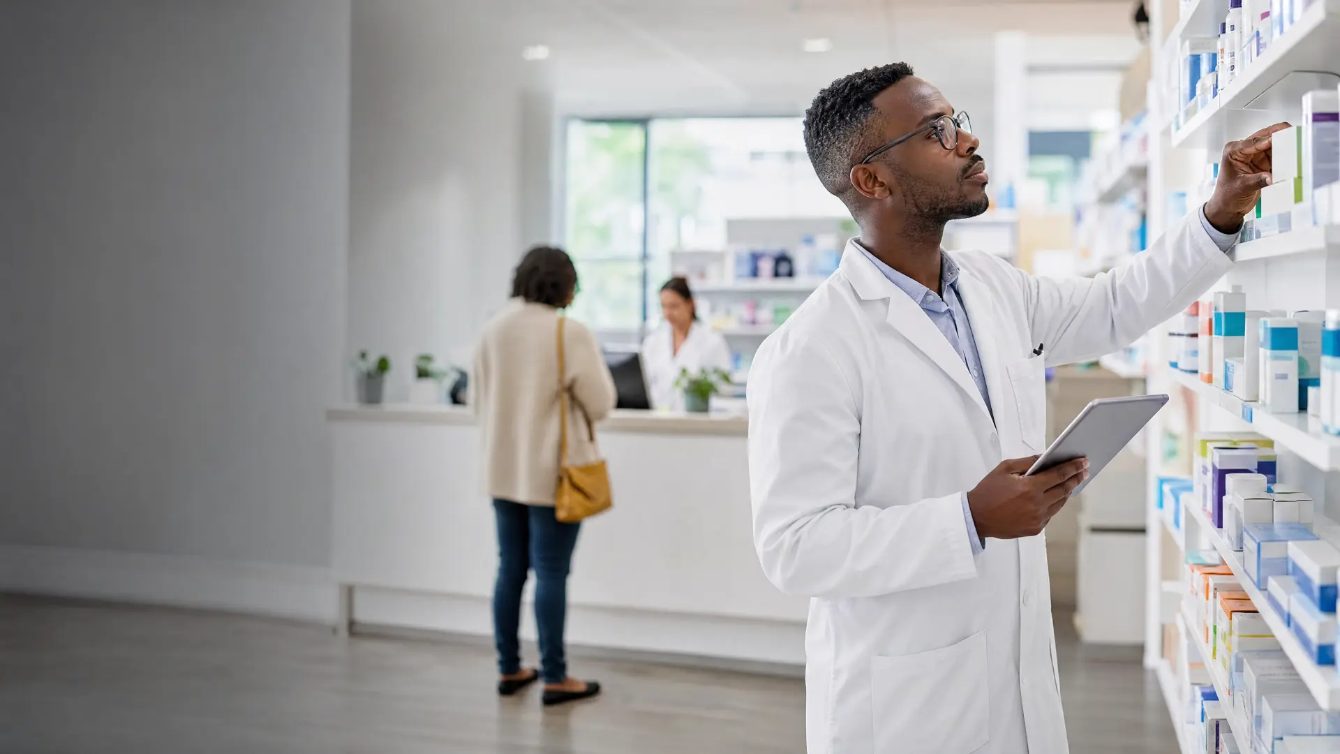 A pharmacist checks medicine boxes on the shelves with a tablet