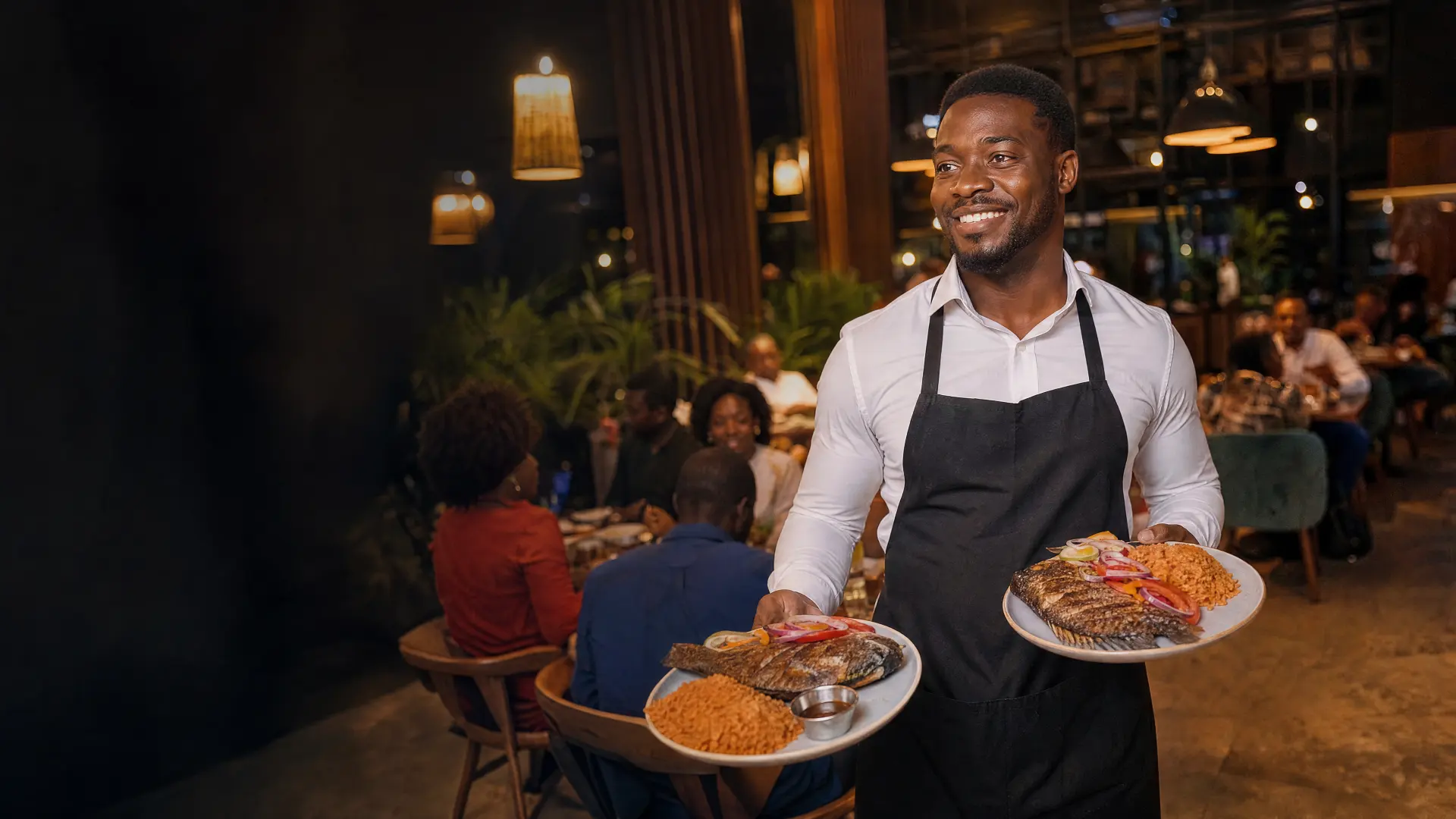 A waiter carries plates of grilled fish and jollof through a busy restaurant