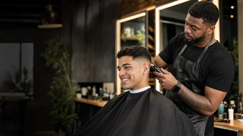 A barber gives a fade to a smiling customer