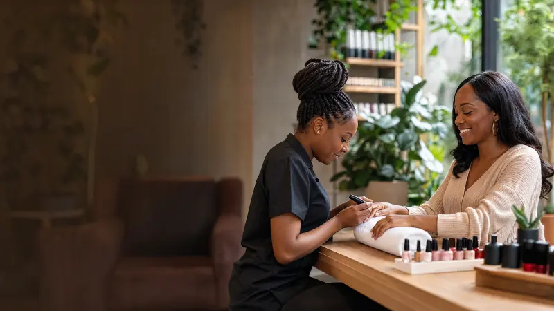 A beautician gives a client a manicure at a calm beauty spa