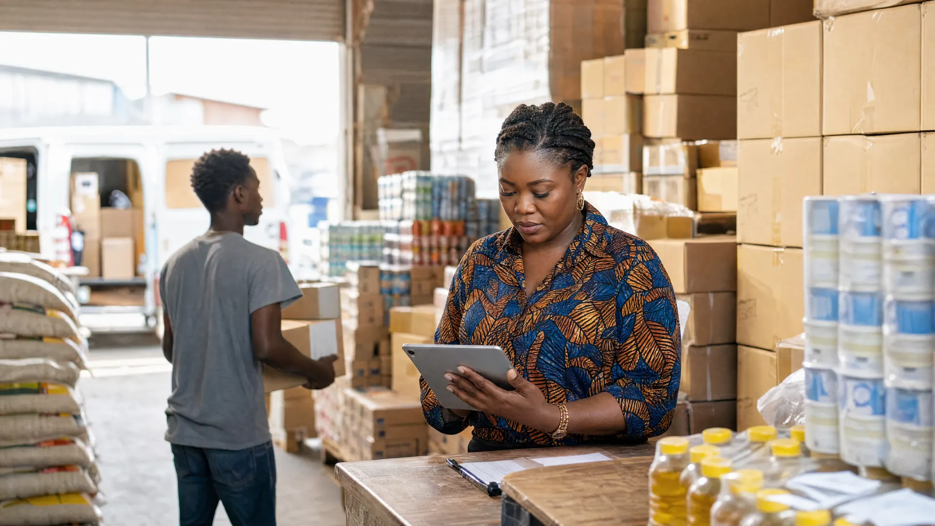 A wholesaler checks an order on a tablet in her depot while a worker carries a carton to a van